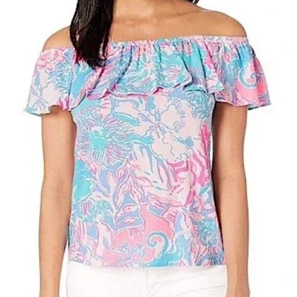 LILLY PULITZER TOP S RUFFLE TIER OFF SHOULDER PINK BLUE PERI PIMA COTTON MODAL - Picture 1 of 9